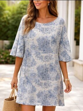 H&M Blue and Cream Toile Print Mini Tunic Linen Blend Dress no size tag 42” Bust